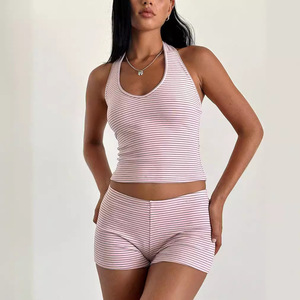 Custom <b>Women</b> Striped Halter Tank <b>Top</b> <b>Shorts</b> <b>Set</b> Summer Casual Two Piece Outfit Polyester Breathable - Product Image 1
