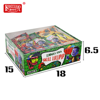 Sucettes en forme de crâne, bonbons fruités sur bâtonnet, emballage en boîte, sucettes crânes fruitées multicolores sur bâtonnet.