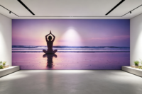 Papier peint mural 3D personnalisé avec vue sur la plage au coucher du soleil pour studio de yoga, spa, salle de méditation, décoration murale