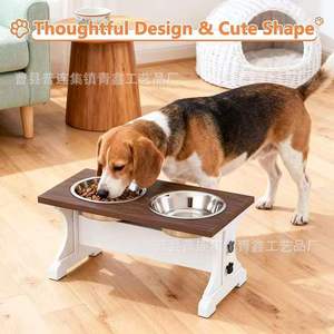 Comedero para mascotas de madera blanca estilo francés con soporte elevado de acero inoxidable y doble tazón para gatos y perros - Product Image 3