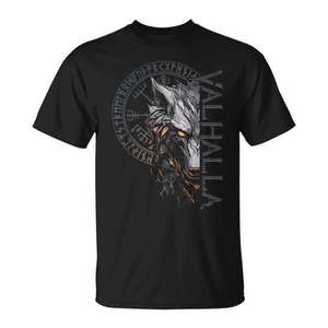 Valhalla Wolf Viking T-Shirt Nordic Runes Odin Compass Design Noir - Product Image 1