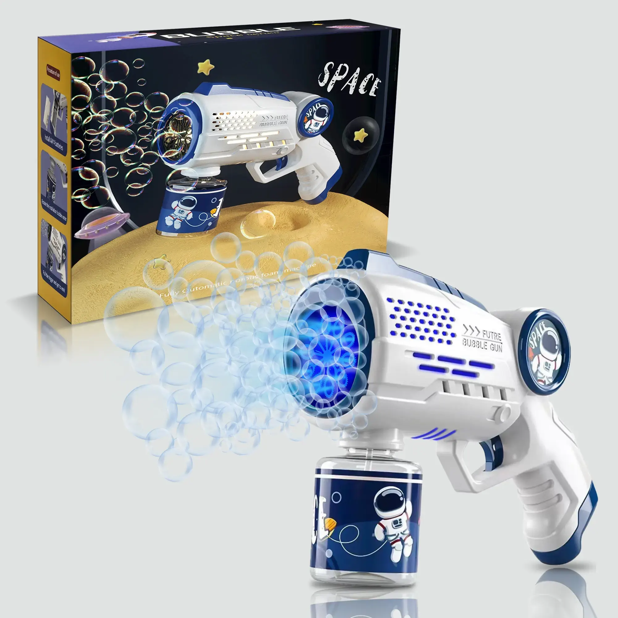 Máquina de arma de bolhas elétrica automática com 10 furos, anjo, som e efeitos de luz, para presente de aniversário, festa de casamento, brinquedo infantil, ideal para uso ao ar livre