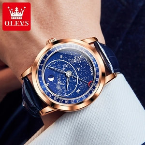 Reloj Mecánico Automático de Fase Lunar para Hombre, de Acero Inoxidable, con Correa de Cuero Azul, de Lujo, con Cristal y Agujas, Resistente al Agua 3BAR, 9923 - Product Image 3