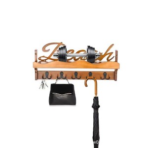 ราวแขวนเสื้อผ้าติดผนังไม้พร้อมตะขอและชั้นวางของสำหรับทางเข้าห้องนั่งเล่นห้องนอนที่จัดเก็บของได้ ทนทาน สีเรโทร - Product Image 1