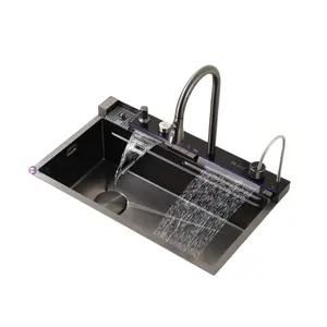 حوض مطبخ متعدد الوظائف ذكي شلال من الفولاذ المقاوم للصدأ باللون الأسود مصنوع يدويًا بلمبات LED من RUIHE-SX24