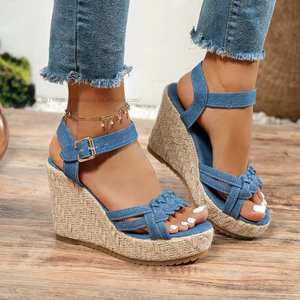 Nouvelles sandales compensées à plateforme pour femmes, style été, semelle épaisse en jean, grandes sandales romaines tissées, vente en gros - Product Image 1