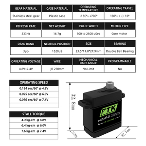 Ptk 8462 mg-D Nhựa & Kim loại bánh răng kỹ thuật số 9g servo cho tàu lượn cánh cố định và máy bay mô hình - Product Image 2