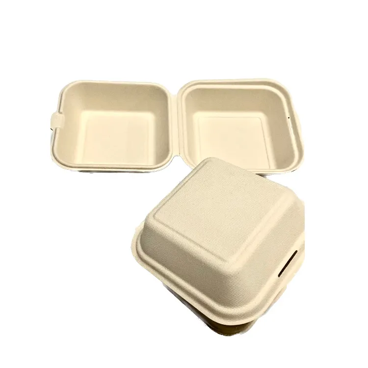 Blanco biodegradable personalizado bagazo hamburguesa caja de caña de azúcar vajilla bagazo embalaje