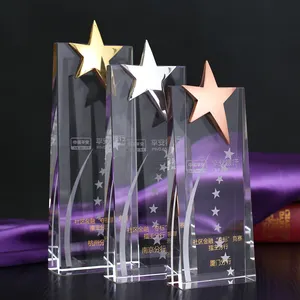 Piala Kristal Bintang Logam Kustom Kosong Klasik K9 dan Penghargaan Olahraga Plakat Kaca Penghargaan