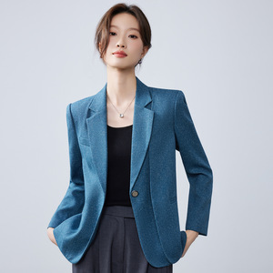 Women's Blue Wool Blazer Solid Color Anti-Wrinkle Casual Commuter Style Top - Product Image 1