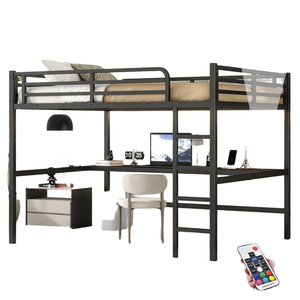 Lit mezzanine en métal noir Queen Size avec prise de courant et lumière LED Modèle de conception peu encombrant et réduit le bruit D0100X3IE76 - Product Image 1