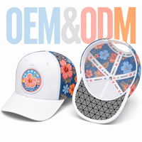Topi Trucker Custom OEM ODM Dua Warna Putih Biru Motif Bunga Tropis Berbahan Jaring di Bagian Belakang, Dapat Disesuaikan, Cocok untuk Liburan Pantai