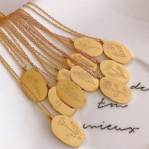 Stainless Steel Necklace Real Gold 18k Gold Plated Custom Carved 12 Flowers Oval Pendant Necklace Jewelry - Product Image 3