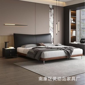 Lit italien minimaliste en cuir véritable noir 2M, lit double pour chambre principale, lit de mariage, luxe léger, simple, haut de gamme - Product Image 1