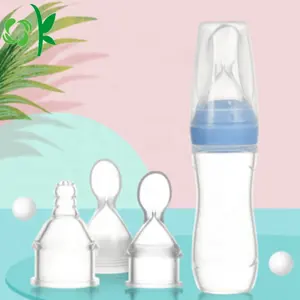 OKSILICONE Hot Sale Nipple Rice Cereal Feeder Toddler Squeeze Bottle With Spoon Baby Feeding Bottle Soft Silicone