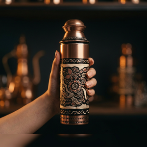 Botella de Agua de Cobre con Diseño Floral Negro Grabado en Relieve, Botella Metálica a Prueba de Fugas para Almacenamiento de Agua Ayurvédica, Regalo - Product Image 1
