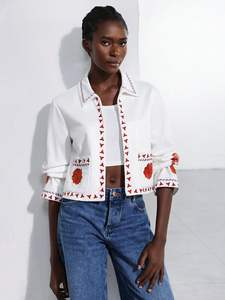 Chaqueta Unisex Blanca de Pato con Diseño Floral en Lona, Largo Regular, Ecológica, Acolchada, Informal, para Fiestas, con Forro de Algodón - Product Image 3