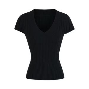V-Neck Short-Sleeve Knit T-Shirt Top for Women Slim Fit Sexy/Versatile Style - Product Image 5