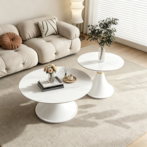 Ensemble de tables basses gigognes rondes modernes à base noire, plateau en marbre, style luxe léger, pour salon et hôtel - Product Image 1