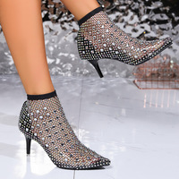 Bottines pour femmes, strass scintillants, maille filet, talon aiguille, semelle en caoutchouc, chaussures de soirée, chaussures de mariage