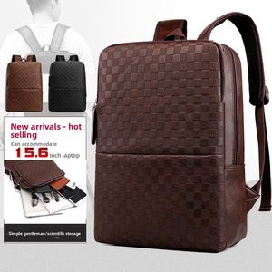Wholesale Fashion Men's PU Leather Laptop Backpack College Student Book <b>Bags</b> Large Waterproof Lattice Business Travel Backpack - Product Image 4
