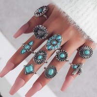 JZ039 Ensemble de bagues cactus turquoise occidental 7 pièces en gros | Bagues empilables vintage du sud-ouest Boho