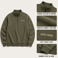 Sweat-shirt Homme en Coton Gaufré Épais Vert Foncé avec Col Montant et Broderie Lettres, Fermeture Éclair Quarts, Vente en Gros
