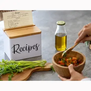 Caja de recetas con tarjetas, divisores y tapa de bambú para soporte de teléfono y Tarjeta de Recetas, caja de lata de Metal para recetas