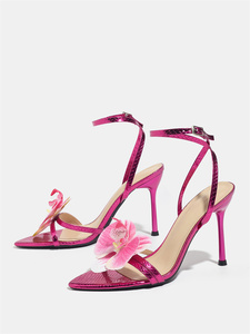 <span class=keywords><strong>Sandalias</strong></span> de Tacón Alto de 10 cm con Punta Puntiaguda en Color Rosa Intenso, de Piel Sintética con Estampado de Serpiente Metálica, Zapatos de Fiesta Sexys para Mujer - Product Image 3
