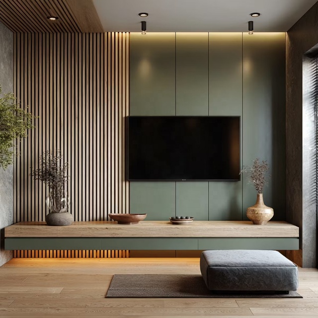Modern Floating TV Stand with Fluted Wood Panel, LED Lighting & Stone Accent, Contemporary Living Room Media Console