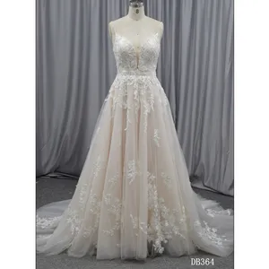 Shining beaded straps cross back A line wedding dress applique soft tulle champagne backless bridal dress