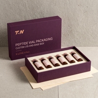 Boîte rigide personnalisée avec couvercle et base en prunier pour flacons de peptides, 6 flacons, avec logo estampé à chaud sur éponge, papier spécial, soins personnels