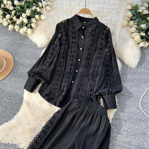 New Hollow Crochet Lace Splicing Long-sleeved Shirt High-waisted Wide-legged <b>Pants</b> Women's Casual 2-piece Set Fashion - Product Image 5
