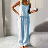 Ensemble de pyjama en coton fin et doux à boutons, sans manches, respirant et doux, 2 pièces, ample, tendance, vêtements de maison pour femmes, en lin