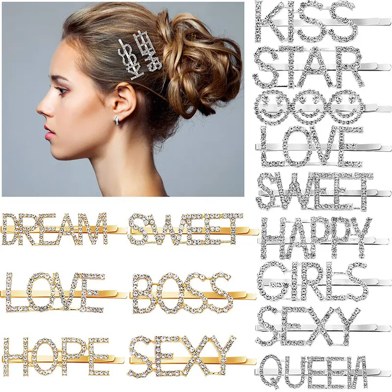 Fashion girl hair clip rhinestone DRIPPIN GLAM LOVE QUEEN letter hairpin silver hair pin