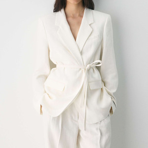 Traje de Dos Piezas para Mujer, Blazer de Lino y Pantalones Anchos, Cintura Ajustada con Cinturón, Conjunto de Blazer Elegante para Oficina - Product Image 4