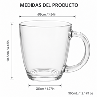 Ensemble de tasses en verre transparent de 360 ml avec grande poignée, idéal pour le café glacé, le lait et les jus, pour hôtels, restaurants et cafés – Vente directe usine
