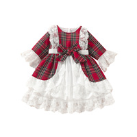 Robe de Noël pour enfants, princesse, en coton, à carreaux, avec dentelle, à manches longues, avec nœud
