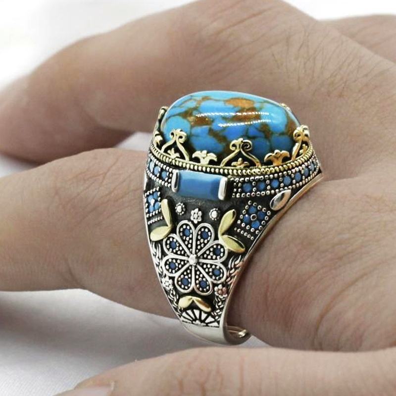 925 Sterling Silver Turquoise Ring for Men Women Natural Gemstone Lucky Stone Turkish Handmade Retro Jewelry Anniversary Gift