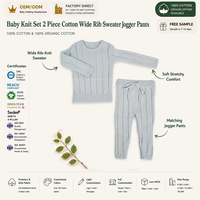 Ensemble tricoté pour bébé 2 pièces en coton côtelé large, pull et pantalon de jogging, col rond, cordon de serrage, unisexe, bleu glace, automne-hiver, personnalisé, OEM, vente en gros