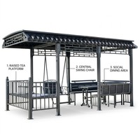 Banc de jardin traditionnel à balançoire avec structure en acier, table durable et toit rigide, ensemble de gazebo extérieur pour 8 personnes