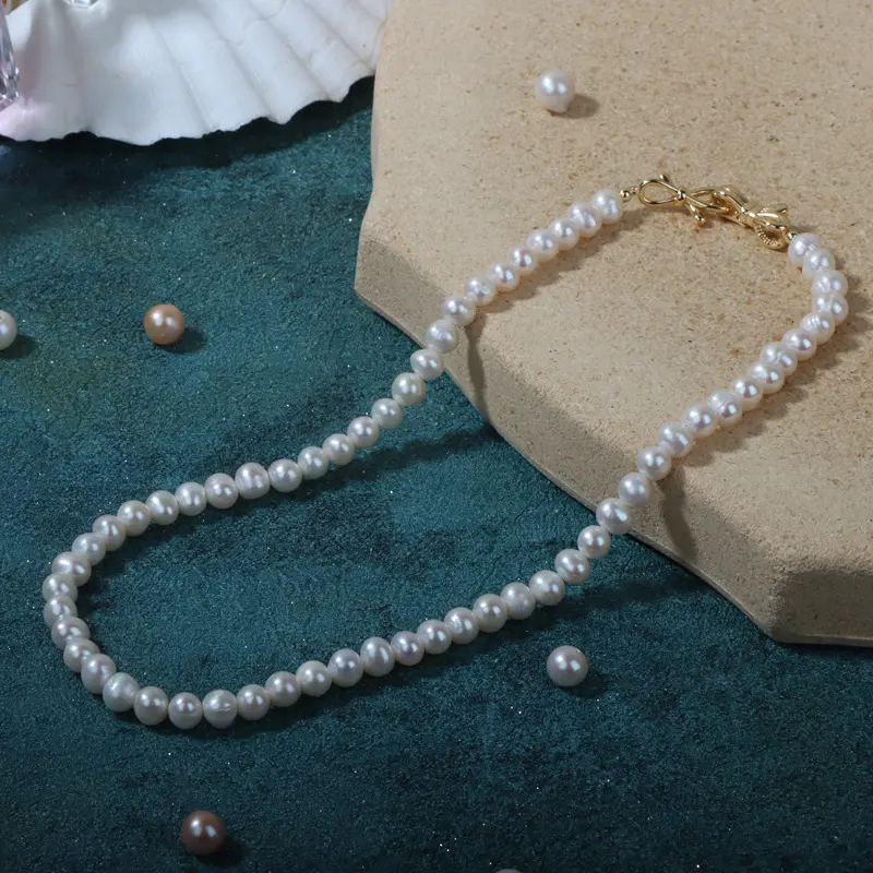 7-8mm forma de patata blanca perlas naturales de agua dulce collar de mujer joyería
