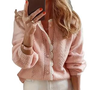 Cardigan élégant pour <span class=keywords><strong>femme</strong></span> à devant ouvert, <span class=keywords><strong>rose</strong></span> <span class=keywords><strong>pastel</strong></span> doux, léger, avec bordure en dentelle, pièce superposable semi-transparente pour le printemps/été/automne - Product Image 4