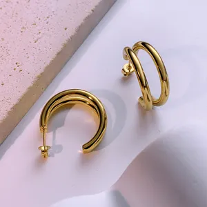 C Shape Double Layers Round Earrings 14K PVD Gold Plated 316L Stainless Steel Hoop Earrings For Women