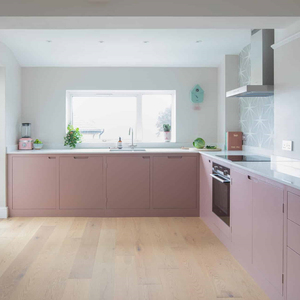 Economy Custom Free Coating Full Pvc Mdf laccate Pink Modern Cabinet Kitchen con isola - Product Image 3