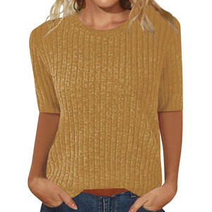Chemise d'été en tricot à col rond confortable pour femmes, tissu extensible doux et respirant, chemisier décontracté - Product Image 6