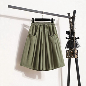 GuKa Apparel Women's Cotton Pleated Pocket Pants <b>Elastic</b> Waist Wide Leg Mid Length Casual Pants Dark Blue Green Khaki - Product Image 2