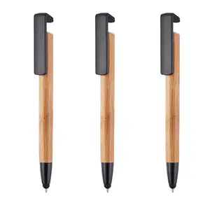 Bamboe Buis Hout Kleur Balpen Telefoonhouder Pen Met Stylus Touch Multifunctionele Pen Voor Promotie