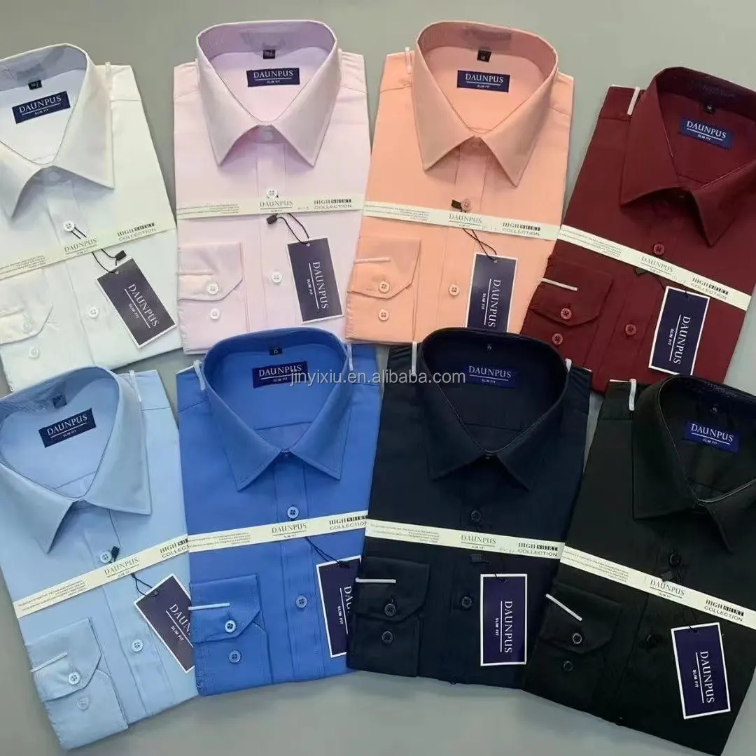 Camisas al por mayor de fábrica con logotipo personalizado, tela de mezcla de algodón, camisas de hombre en stock de alta calidad