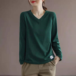 V-neck Solid Color Long Sleeve T-Shirt For Women Loose Fit <b>Base</b> <b>Layer</b> Top Plus Size Trendy Knitted Polyester Fiber - Product Image 2